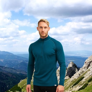 Merino wool shirt: Merino base layer zippered sweatshirt, thermal long sleeve half zip sweater, mens hiking clothes, thermal shirts, gymwear