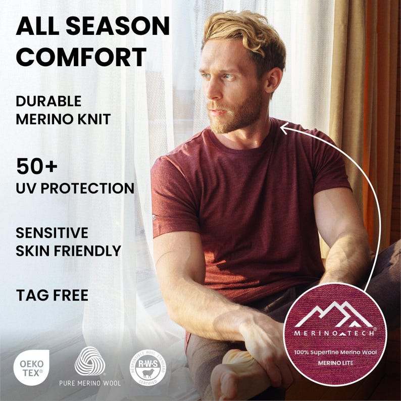 Merino wool shirt for men, mens base layers thermal shirts, hiking clothes, thermal tops, gymwear, runner gear imagem 16
