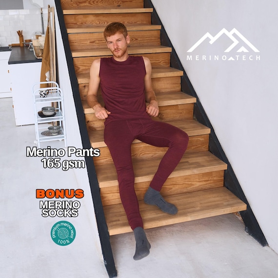 Merino base layer wool leggings mens: lite Merino Wool Pants + Socks, mens activewear, workout leggings, lounge pants, yoga pants male