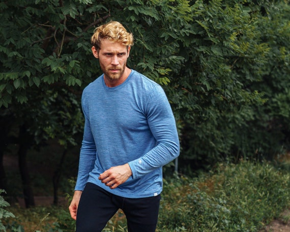 Mens hiking clothes: Merino wool shirt - merino base layer tops thermal long sleeve undershirt, thermal shirts, men running wear, gymwear