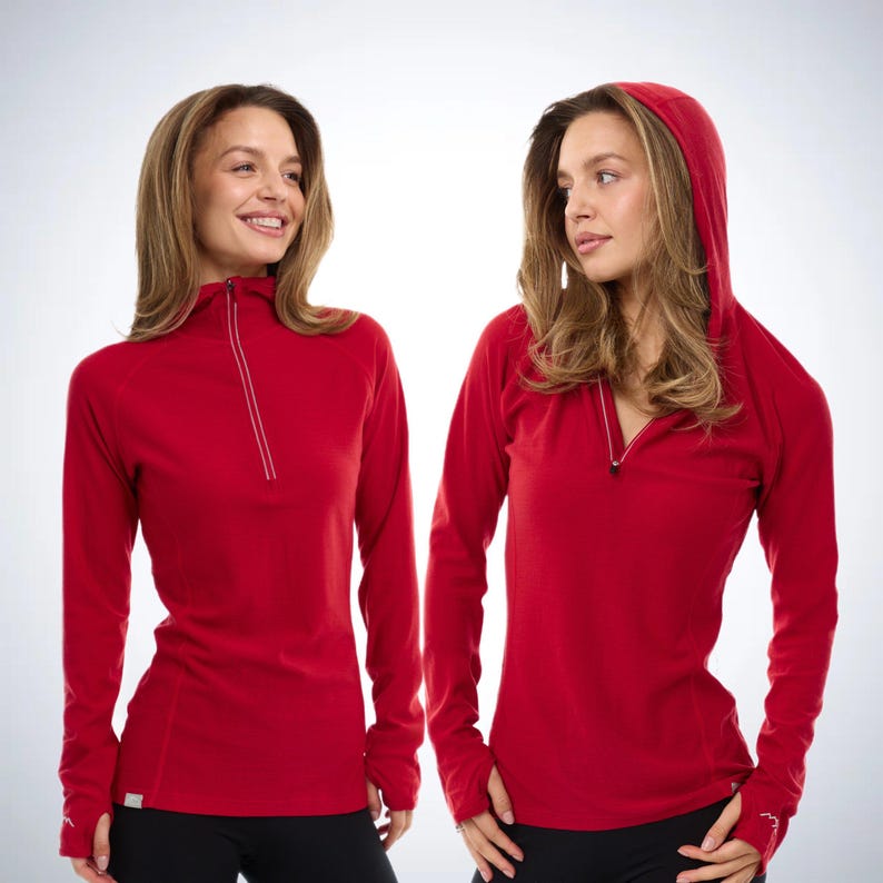 Merino wool hoodie base layer thermal shirts, zipper hoodie, lightweight hoodie, runner gear, gymwear Cherry Red