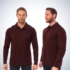 Merino wool shirt for men, casual polo shirts, long sleeve polo, thermal underwear, undershirt Bordo