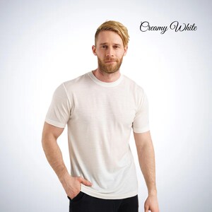 Merino wool shirt: merino base layer thermal shirts, mens running gear, wool t-shirt, gymwear men, mens hiking clothes, thermal underwear Creamy White