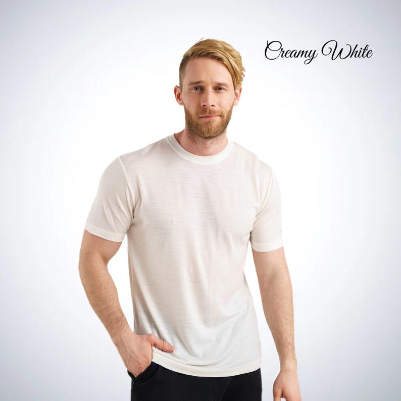 Merino wool shirt: merino base layer thermal shirts, mens running gear, wool t-shirt, gymwear men, mens hiking clothes, thermal underwear Creamy White