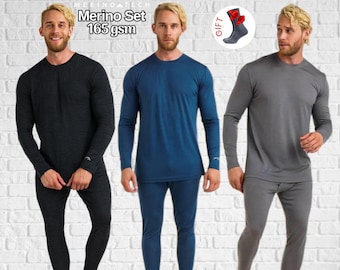 Merino Wool Thermal Underwears Set for Men, Lightweight merino 165 GSM Base Layer Top and Long Johns