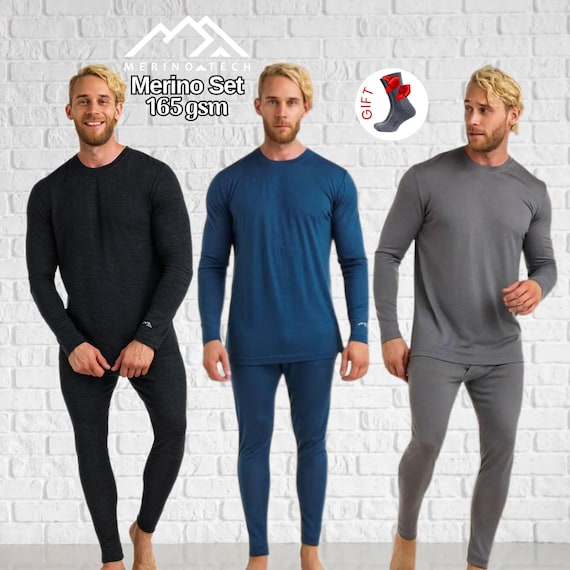 Merino Wool Thermal Underwears Set for Men, Lightweight merino 165 GSM Base Layer Top and Long Johns