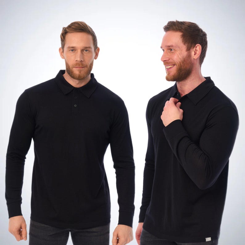 Merino wool shirt for men, casual polo shirts, long sleeve polo, thermal underwear, undershirt Black