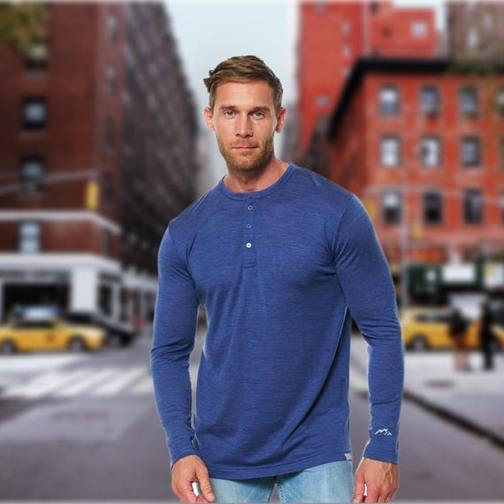Organic Mens Shirts: Merino Wool Henley Shirt, eco-friendly long sleeve tshirt for men, Lite Base Layer, Long Sleeve Henley T-Shirt for Men
