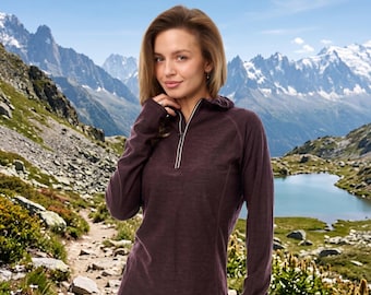Merino wool thermal long sleeve half zip hoodie ladies gym wear, plain hoodie, hiking clothes ladies running gear, half zip sweatshirt