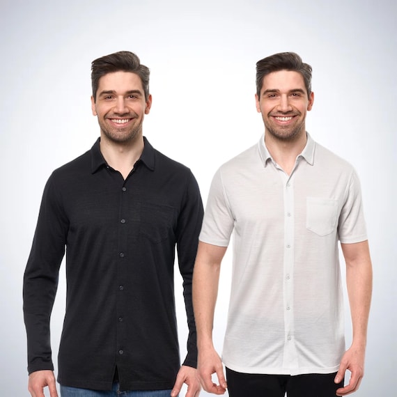 Mens base layer merino wool shirt, merino wool thermal shirts button up, hiking clothes