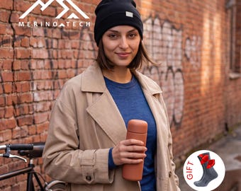 Merino Wool Beanie Unisex, Soft Skull Cap with Hiking Socks,  All Season Outdoor