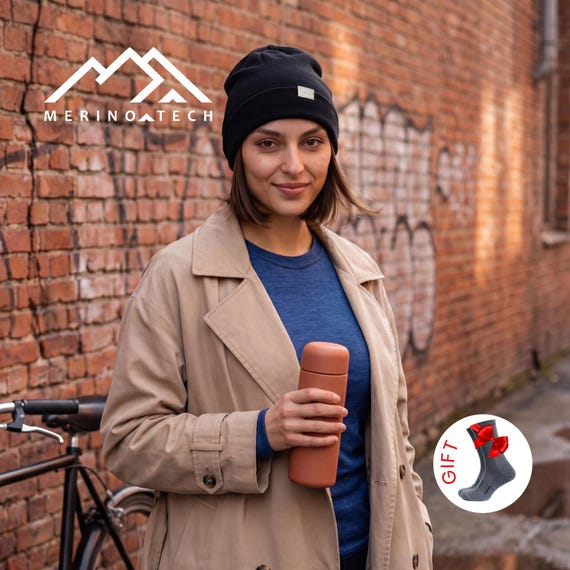 Merino Wool Beanie Unisex, Soft Skull Cap with Hiking Socks,  All Season Outdoor