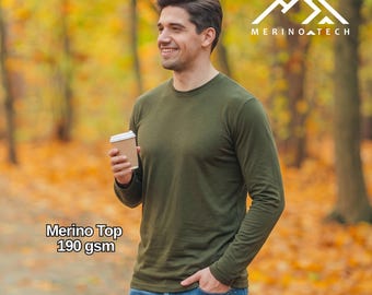 Merino Wool Shirt Mens Base Layer Thermal Long Sleeve Undershirt, Lightweight Merino Top, Running Gear