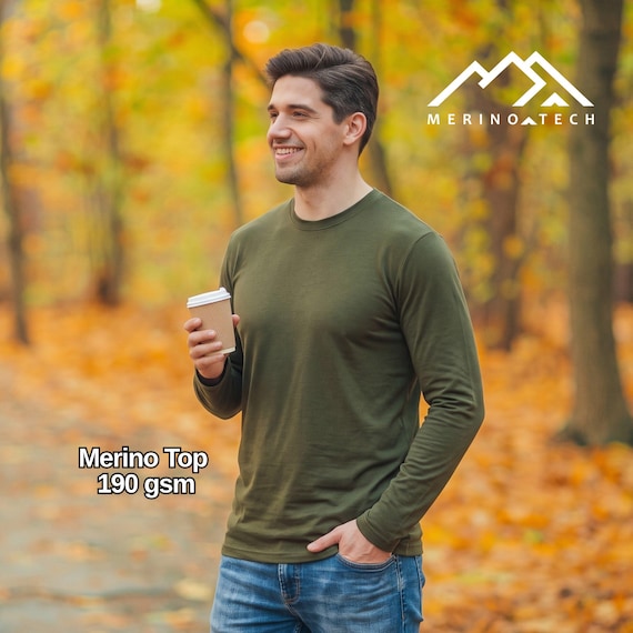 Merino Wool Shirt Mens Base Layer Thermal Long Sleeve Undershirt, Lightweight Merino Top, Running Gear