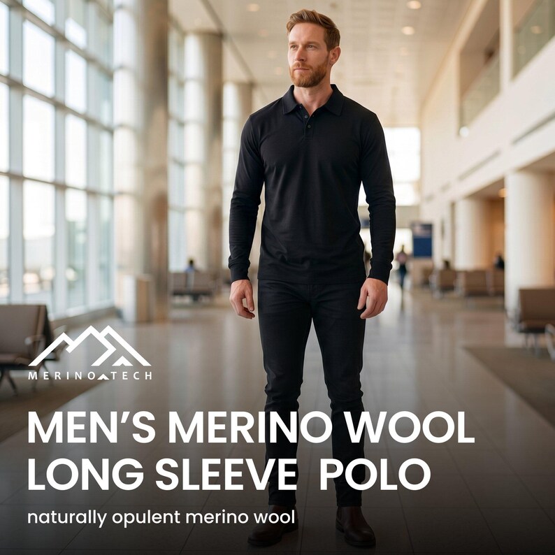 Merino wool shirt for men, casual polo shirts, long sleeve polo, thermal underwear, undershirt image 2
