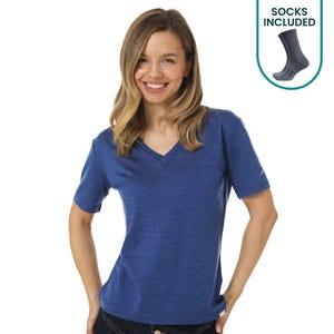 May include: A woman wearing a blue V-neck t-shirt. The shirt has short sleeves and a small white logo on the sleeve. The image also includes a graphic of a pair of gray socks with the text "Socks Included".