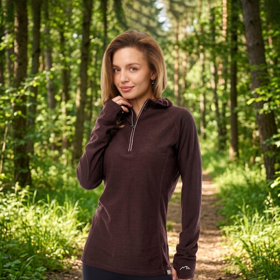 Thermal wear: lightweight hoodie ladies running gear, merino base layer half zip sweatshirt, gymwear