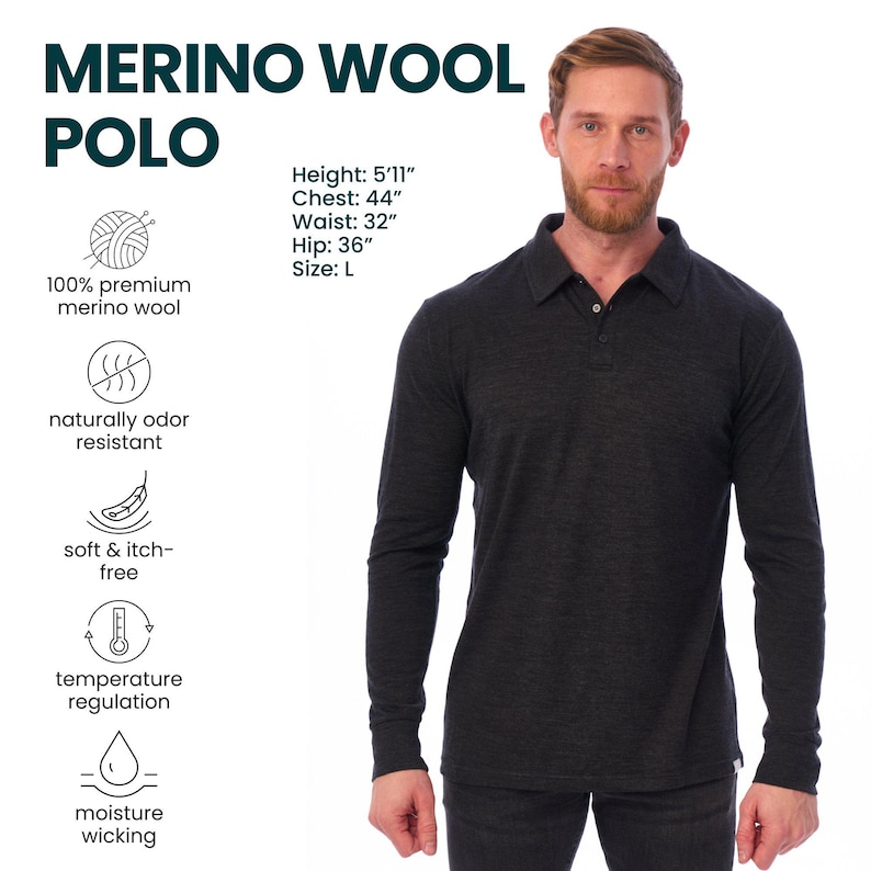 Merino wool shirt for men, casual polo shirts, long sleeve polo, thermal underwear, undershirt image 9