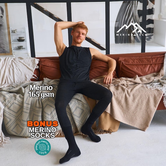 Leggings mens: Merino base layer wool leggings, lounge pants, mens activewear Merino Wool Pants + Socks, men workout clothes, wool underwear