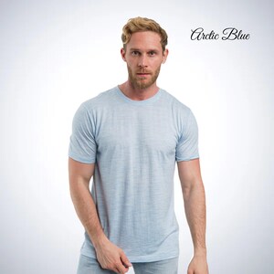 Merino wool shirt: merino base layer thermal shirts, mens running gear, wool t-shirt, gymwear men, mens hiking clothes, thermal underwear Arctic Blue
