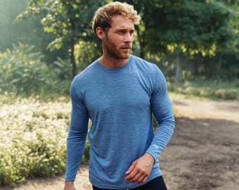Hiking clothes mens base layer merino wool shirt thermal long sleeve sweatshirt, running gear