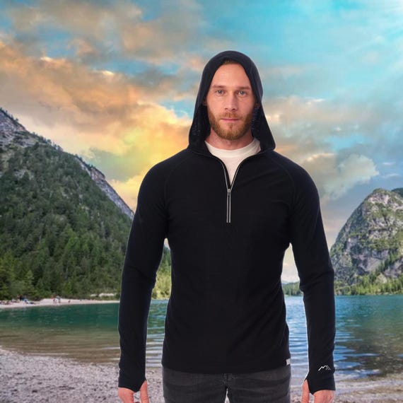 Blank hoodie half zip sweatshirt mens hiking clothes, merino base layer thermal long sleeve lightweight hoodie, thermal shirts, gymwear