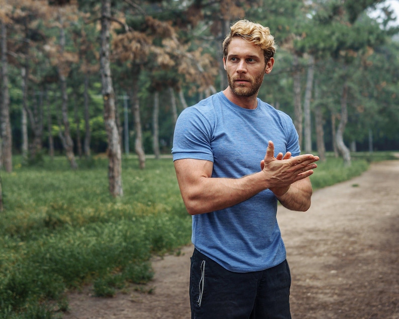 Thermal shirts - Merino wool shirt, men's thermal tee, hiking clothes, merino base layer mens undershirt, true classic tees, gymwear men Woodland Grey Blue