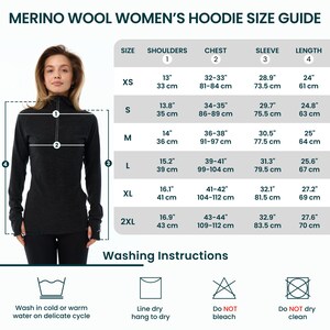 May include: Size guide for a merino wool hoodie, featuring measurements for shoulders, chest, sleeve, and length in inches and centimeters. Includes washing instructions with icons for care.