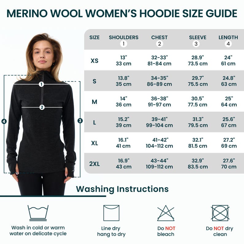 May include: Size guide for a merino wool hoodie, featuring measurements for shoulders, chest, sleeve, and length in inches and centimeters. Includes washing instructions with icons for care.