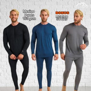 May include: Three sets of long-sleeve shirts and leggings in black, blue, and gray. Text reads: Merino Pants 165 gsm and BONUS MERINO SOCKS. The garments are made of merino wool and feature a crew neck design with long sleeves and fitted pants.