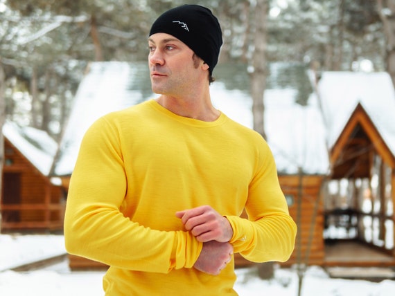 Men's Long Sleeve T-Shirt with Socks, Merino Wool Thermal Top,  Organic Wool Midweight Base Layer Tee, Activewear men