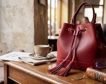 Rode Italiaanse leren bucket bag, saffiano crossbody schoudertas