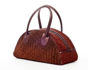 Braided Leather bag | ITALIAN LEATHER BAG | Brown Bowling braided leather purse | Women Woven Calf Leather handbag