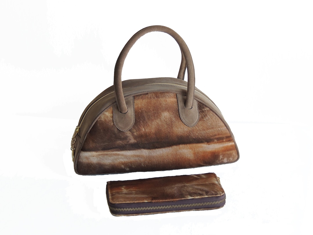Brown Handbag, Bowling Bag, Calf Hair Leather Purse and Wallet, Fur Bag