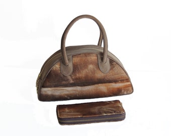 Brown handbag, Bowling bag, Calf hair leather purse and wallet, Fur bag for woman, Cowhide bag, Handmade wallet, Leather bag, Fur wallet