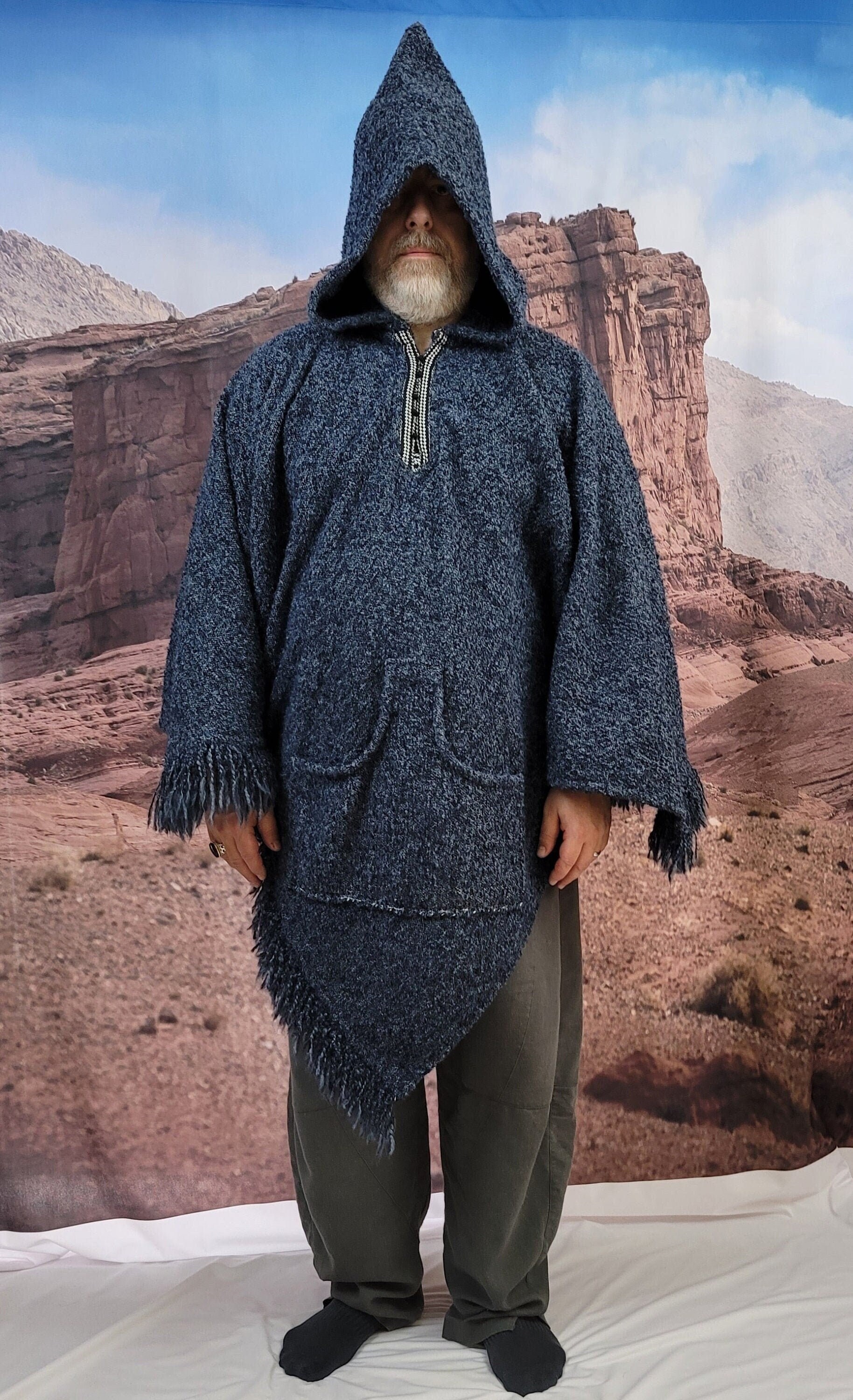 Blauw Marokkaanse Handgeweven Zware Wol Hooded Poncho Kleding Gender-neutrale kleding volwassenen Ponchos 