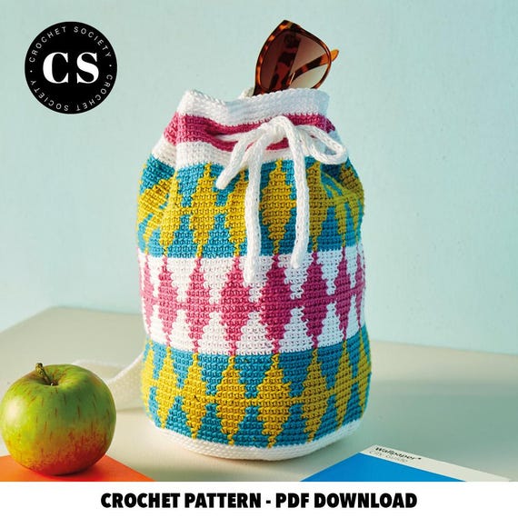 Harlequin Travel Rucksack Crochet Pattern, Boho Craft Bag, Crochet Backpack, Summer Bag, Crafters Gift, Digital Crochet PDF Pattern