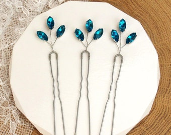 Crystal Bridal Hair Pins Something Blue Wedding Accessories Silver and Gold Hair Pins Blue Wedding Hairpiece with Crystal Accents