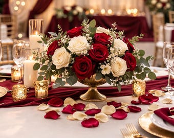 Burgundy wedding petals Gold wedding decor Red gold Flower girl basket Fall wedding table centerpiece
