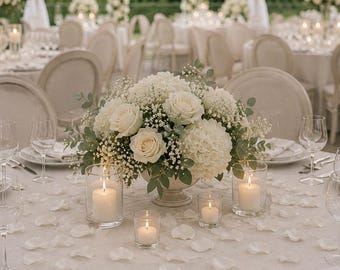 White wedding table decor Rose petals Flower Girl Basket Modern wedding ceremony Bridal shower decor