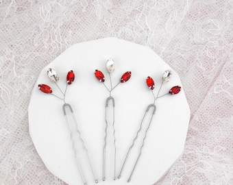 Red Bridal Hair Pins Wedding Hair Piece Red hair accessories Elegant Hair Jewelry Bridesmaid Hair Pins Red wedding Romantic prom jewelry