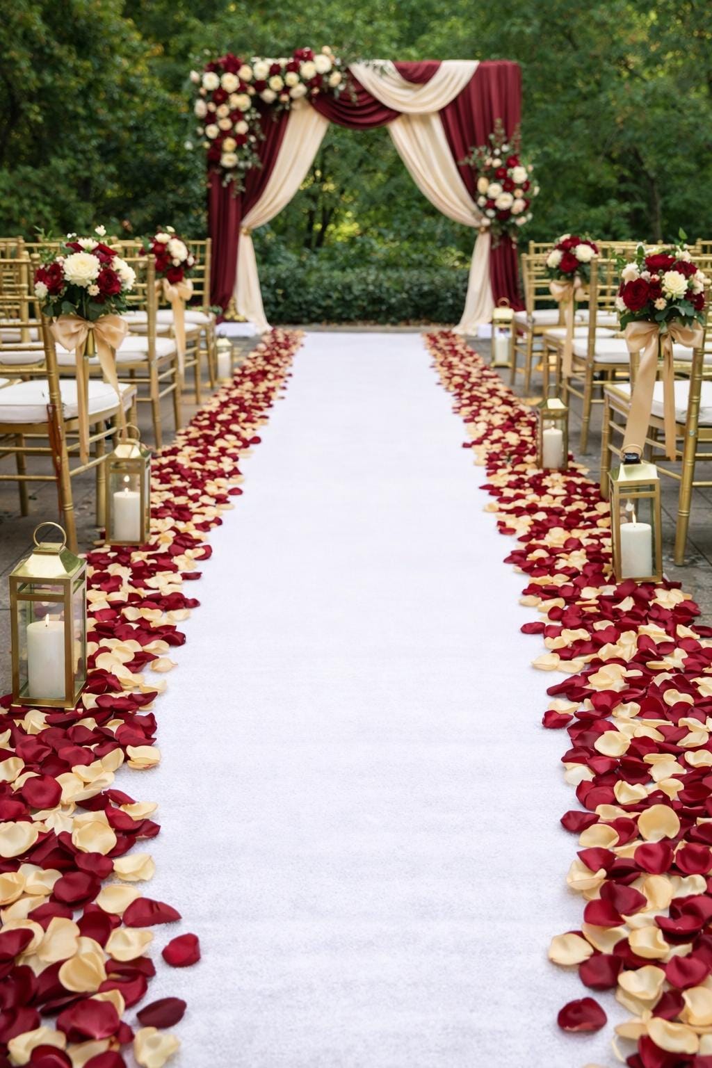 Burgundy Gold wedding aisle decor Rose petals Flower Girl