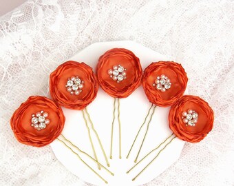 Rust flower hair pins SET of 5 Burnt orange wedding hair jewelry Fabric flower hair pin gift Autumn wedding Bridesmaid proposal gift Fall