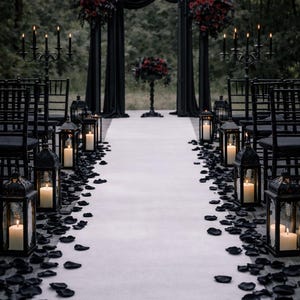 May include: A gothic-themed wedding ceremony setup with a black archway, chairs, and a white aisle. Black lanterns with candles line the aisle, with black rose petals scattered. Red floral arrangements and black drapes add to the dramatic effect.