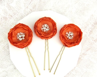 Fall bridal hair pins Burnt orange flower pins SET of 3 Rustic wedding hair jewelry Rust bridal hair pins Floral hair piece Farm hair pins