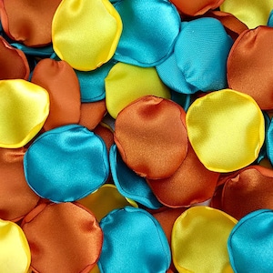 Burnt Orange Teal Yellow Flower Petals Fall Wedding Boho Rustic Wedding Decor Teal and Orange Autumn Western Country Barn Ceremony Petals