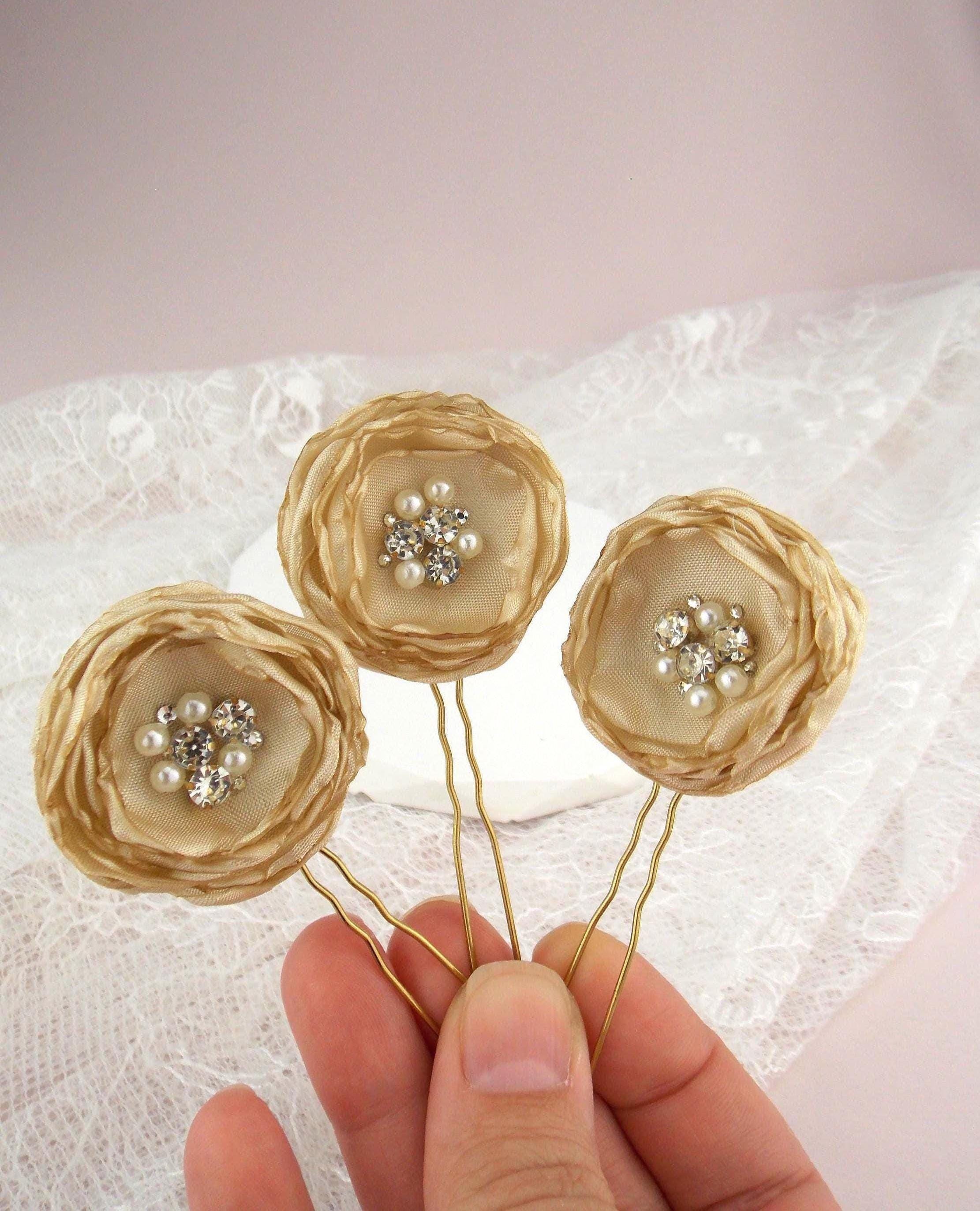 Set Of 3 Bright Gold Tone Ornate Hair Pins Accessories 5.5” Bali Bridal Gold Leaf Rhinestone Pearl Wedding Hair Pins - Set of 5  main image 2