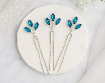 Blue hair accessories Bridal jewelry Hair Pins SET of 3 Blue headpiece Bridesmaid jewelry Something Blue Wedding accessories