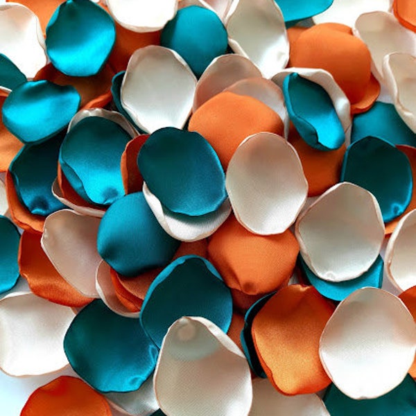 Orange teal blue flowers Champagne ivory rose petals Burnt orange wedding Ivory wedding