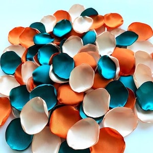 Burnt orange teal wedding Light taupe petals Dark teal orange rust rose petals
